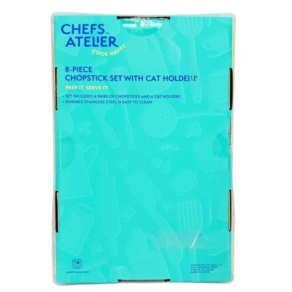 Chefs Atelier 8 Piece Chopstick Set with Kitty Cat Holders Stainless Steel NEW